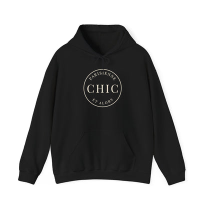 A black hoodie featuring a cream circular “PARISIENNE CHIC ET ALORS” graphic on the front, displayed against a clean white background.