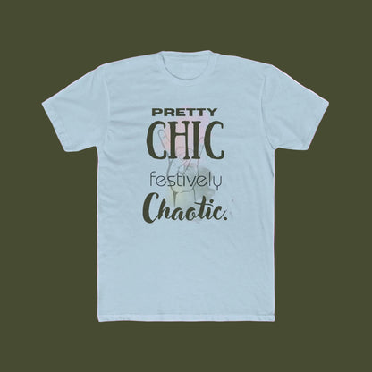 A light blue crewneck t-shirt with a graphic print on the front that reads 'PRETTY CHIC festively Chaotic.' in dark gray lettering, featuring a faint pink and gray bunny illustration in the background.