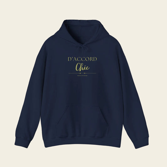 Blue D’Accord Chic pullover hoodie featuring gold typography on the front, displayed against a white background.
