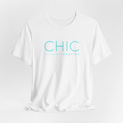 A white short-sleeve crewneck T-shirt with 'CHIC' printed in light blue sans-serif typography and 'ELEGANZA CAOTICA' in smaller text underneath, shown against a light gray gradient studio background.