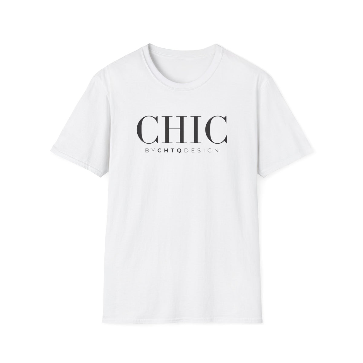 CHIC by CHTQ Design Women’s Graphic T-Shirt in white with black typography on the front.