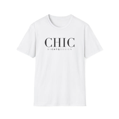 CHIC by CHTQ Design Women’s Graphic T-Shirt in white with black typography on the front.