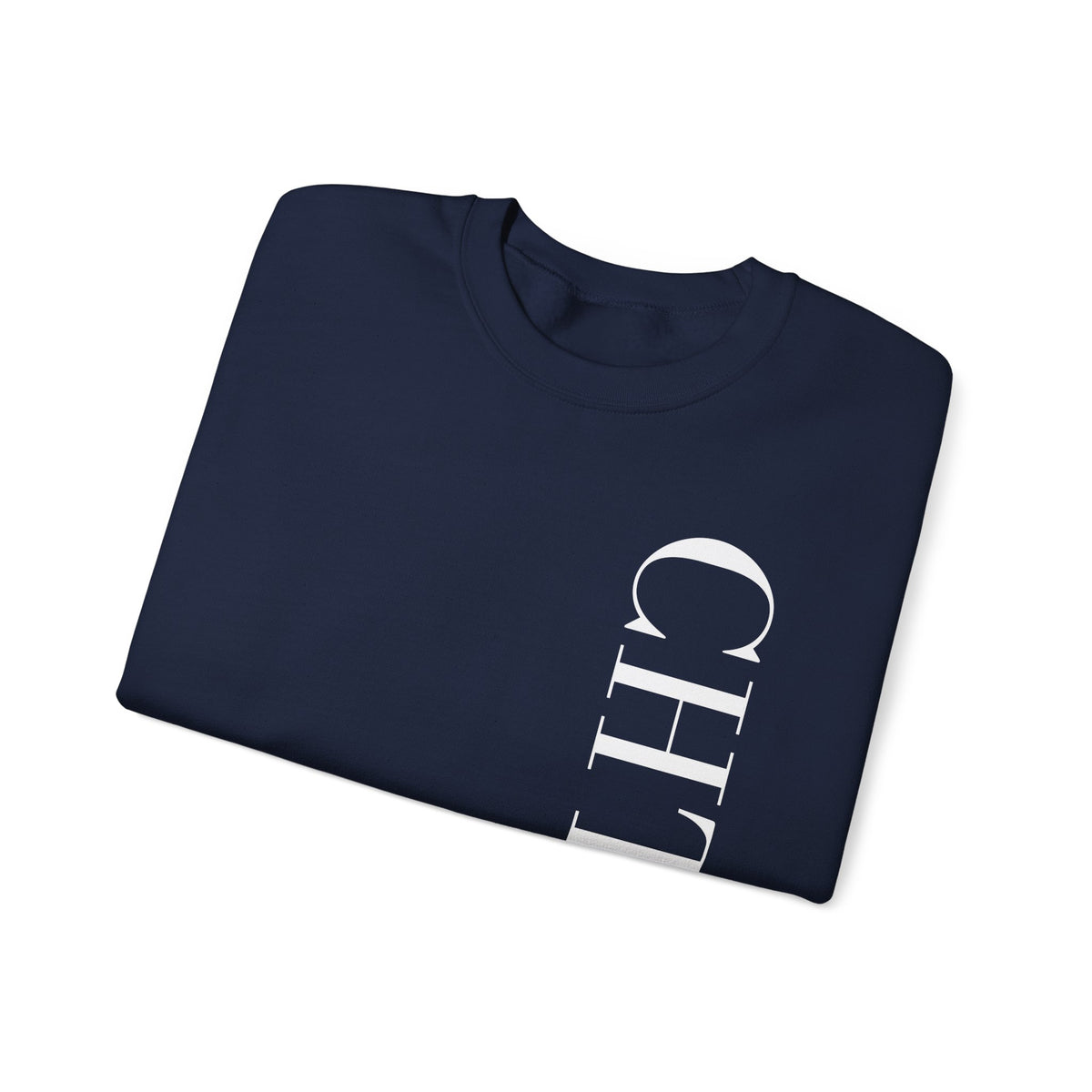 A folded navy blue crewneck sweatshirt with a vertical white CHTQ DESIGN graphic on the front, displayed against a clean white background.