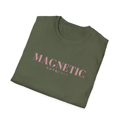 A green folded short-sleeve graphic T-shirt featuring pink 'MAGNETIC' text with smaller 'CHTQ CHIC' lettering underneath, displayed against a clean white background.