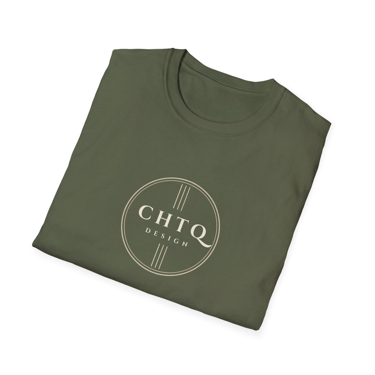 Folded green men’s graphic T-shirt featuring a light CHTQ Design circle logo on the front, displayed against a white background.