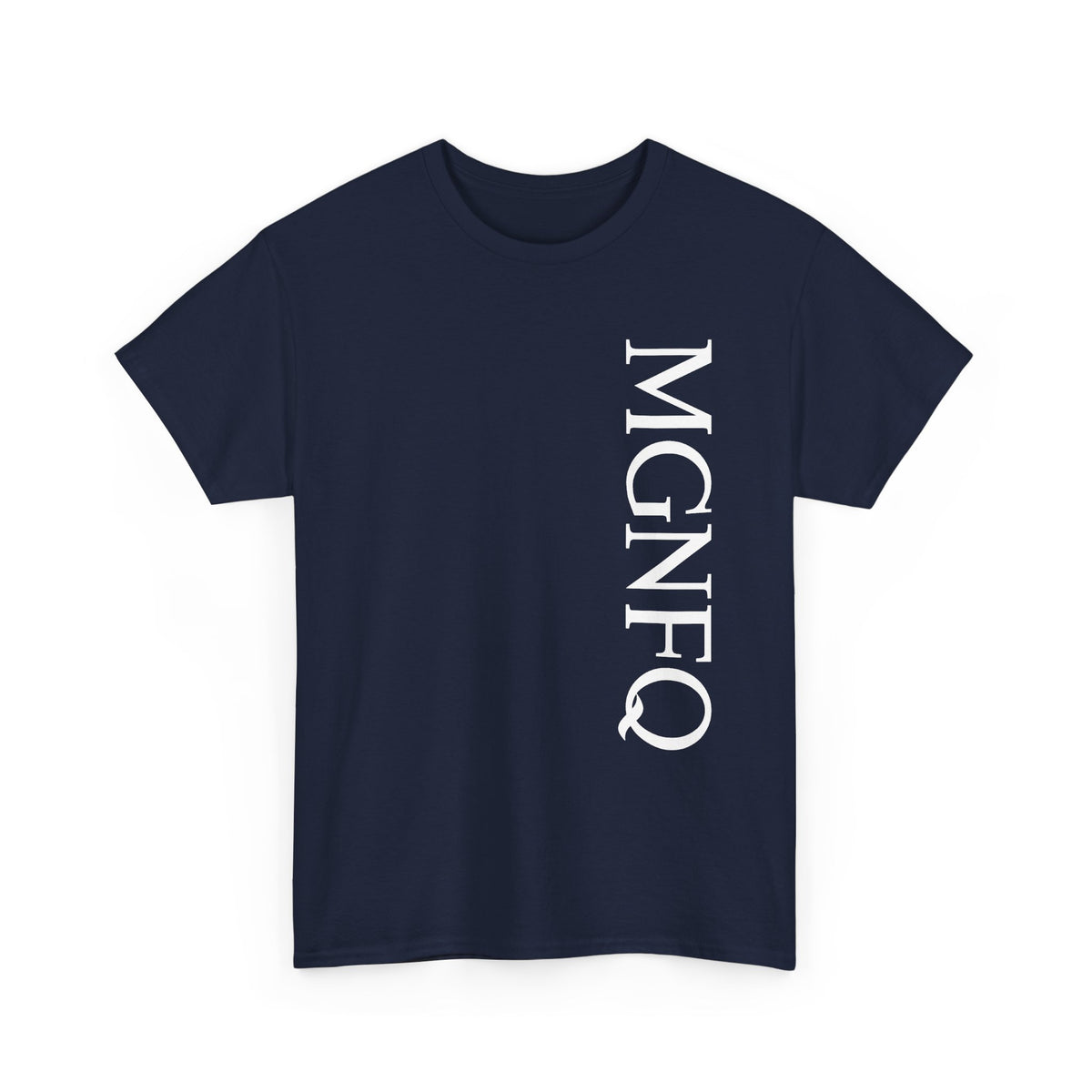 A navy blue short-sleeve crewneck T-shirt featuring “MGNFQ” printed vertically in white letters on the right side of the front, displayed against a plain white background.