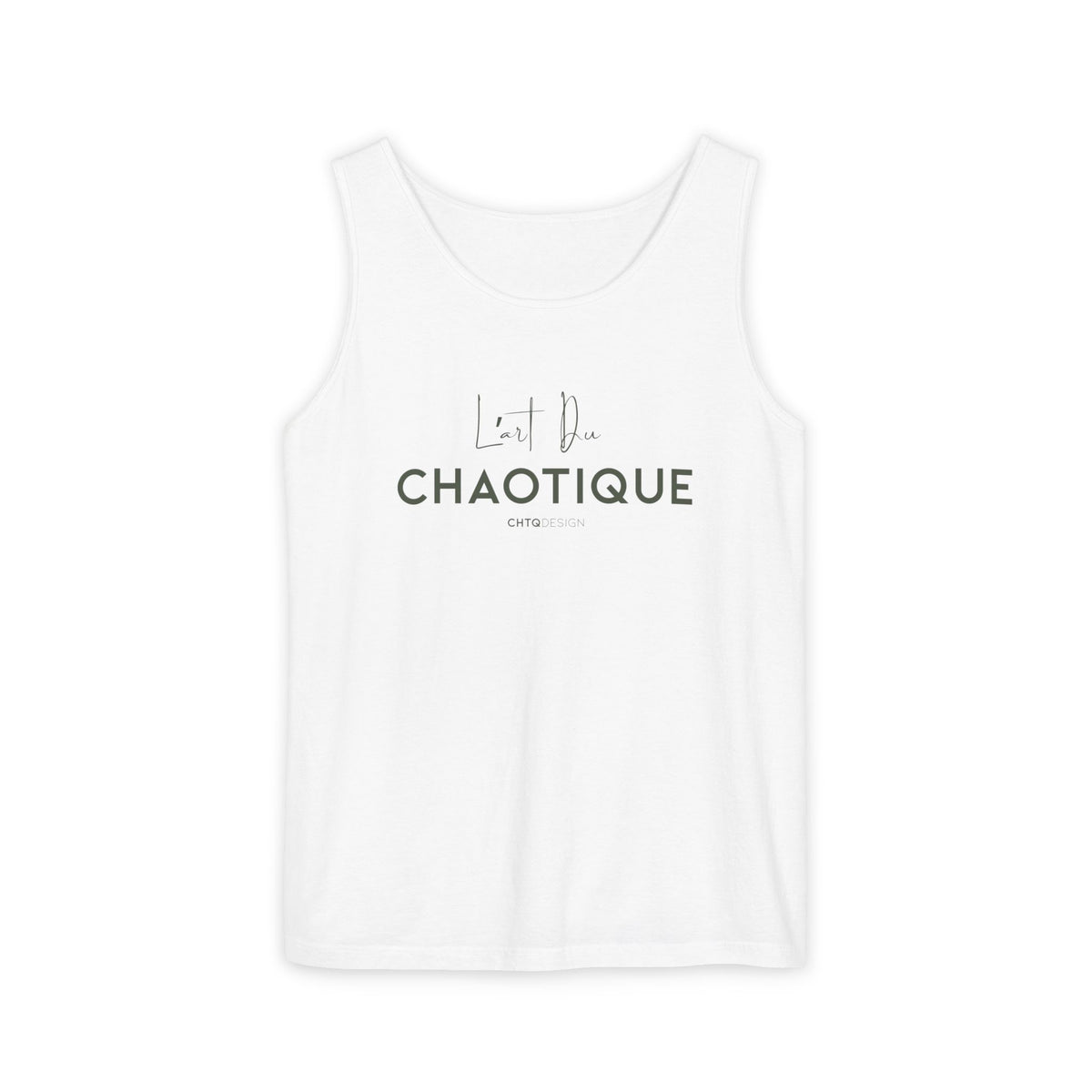 A white sleeveless tank top with a dark gray graphic print on the front reading 'L'Art Du CHAOTIQUE' and smaller 'CHTQDESIGN' text, shown on a plain white background.