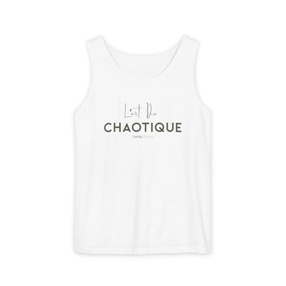 A white sleeveless tank top with a dark gray graphic print on the front reading 'L'Art Du CHAOTIQUE' and smaller 'CHTQDESIGN' text, shown on a plain white background.