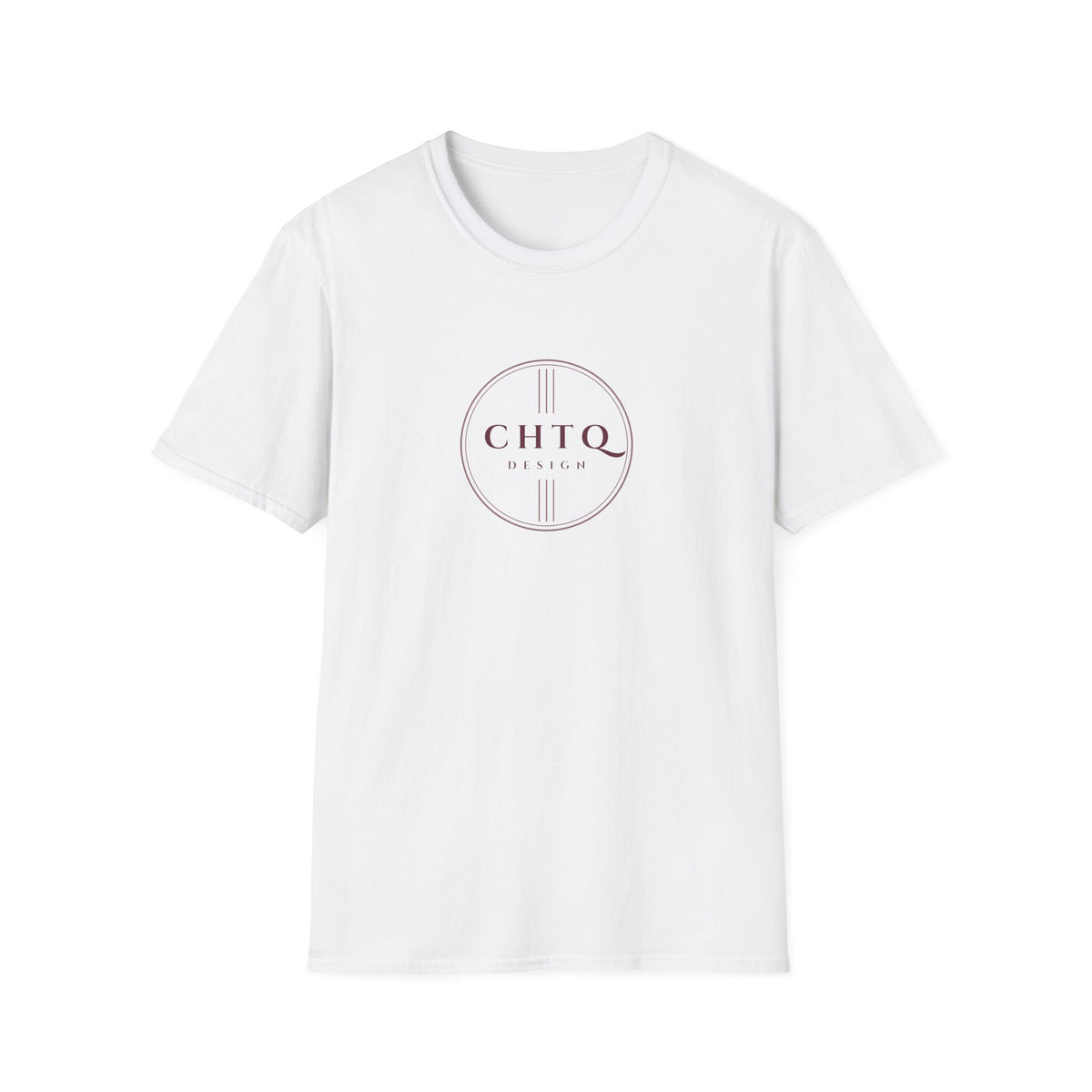 white men’s graphic T-shirt featuring a rose gold CHTQ Design circle logo on the front, displayed against a white background.