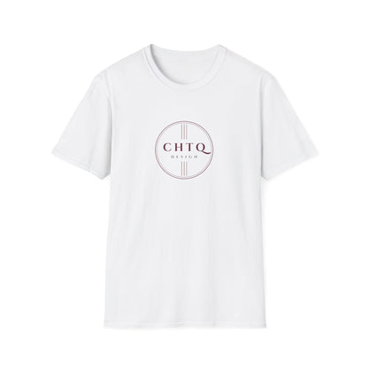 white men’s graphic T-shirt featuring a rose gold CHTQ Design circle logo on the front, displayed against a white background.