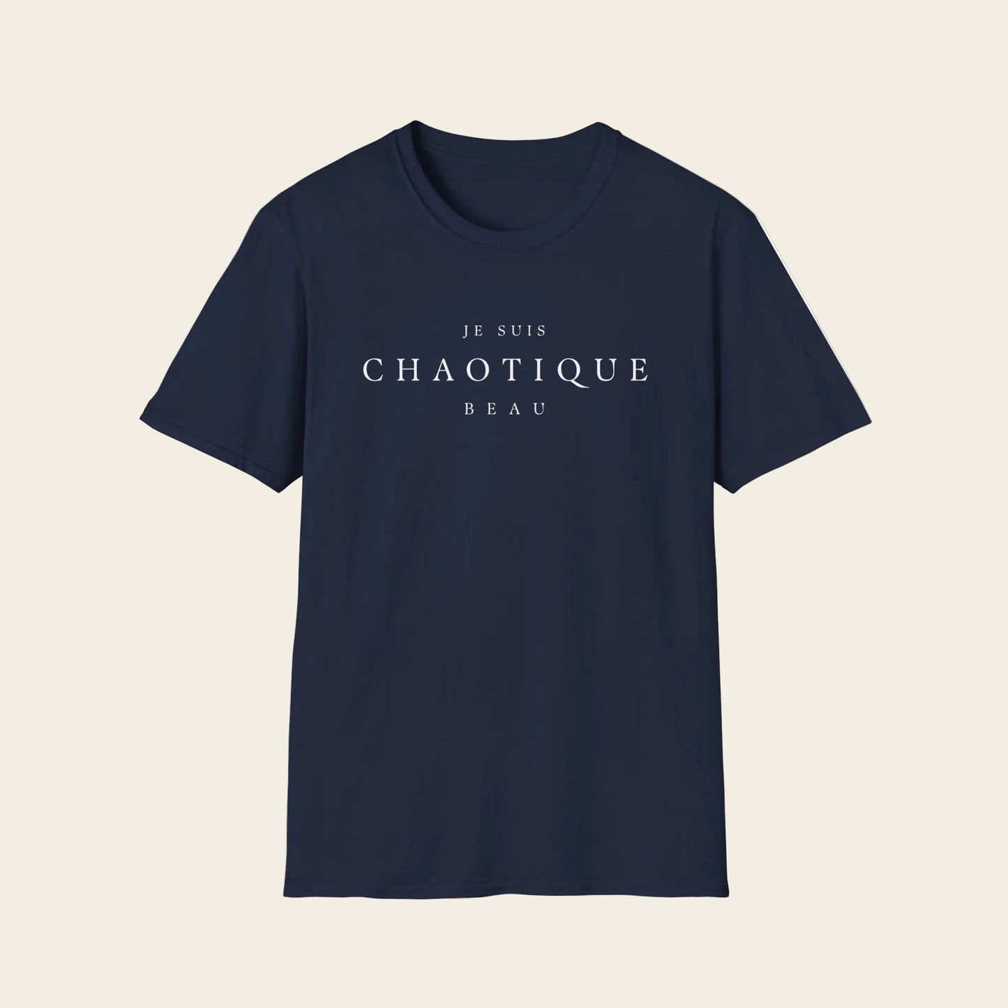 Navy Blue t-shirt with 'Je Suis Chaotique Beau' logo on a white background