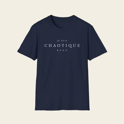 Navy Blue t-shirt with 'Je Suis Chaotique Beau' logo on a white background
