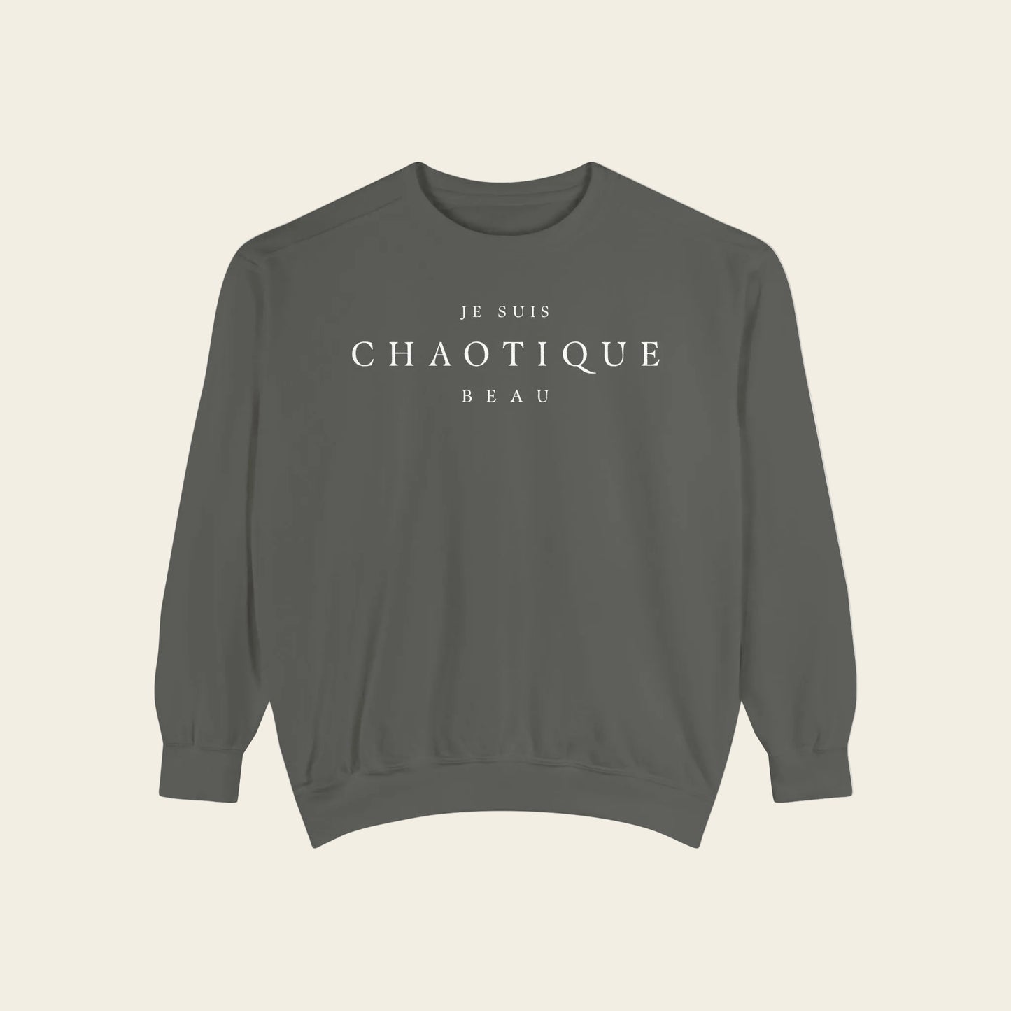 Gray sweatshirt with a small logo on a white background