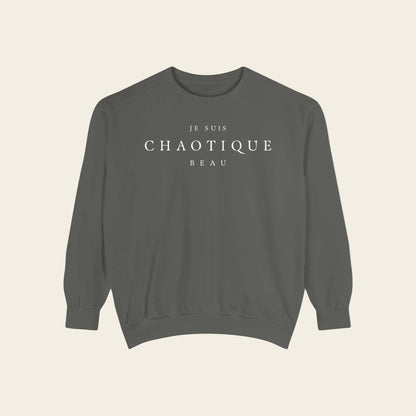 Gray sweatshirt with a small logo on a white background