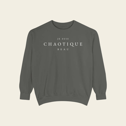 Gray sweatshirt with a small logo on a white background