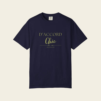 Navy blue t-shirt with a decorative cross design on a white background