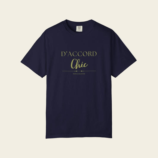 Navy blue t-shirt with a decorative cross design on a white background
