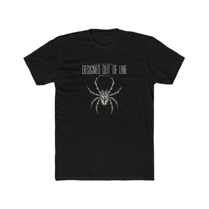 UNSPIDERABLY Designed Out of Line black graphic T-shirt featuring detailed silver-gray spider artwork and white typography by CHTQ Design, front view