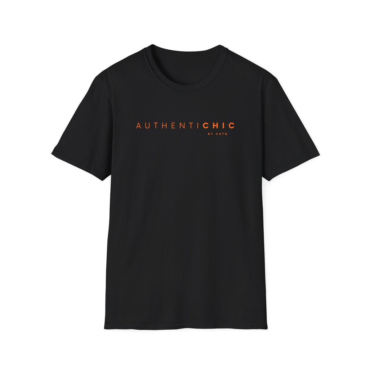 White AuthentiCHIC graphic T-shirt with orange typography, displayed on a clean white background.
