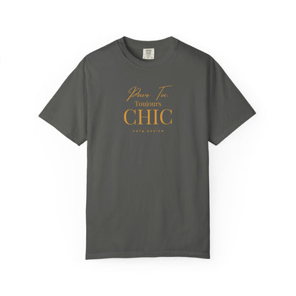 Green CHTQ Design T-shirt with gold “Pour Toi. Toujours CHIC” typography on the front.