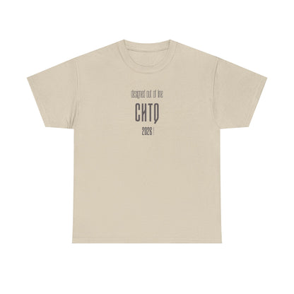 Sand Designed Out of Line CHTQ Graphic T-Shirt featuring minimalist gray CHTQ typography, “designed out of line” text, and 2026 detailing on the front.