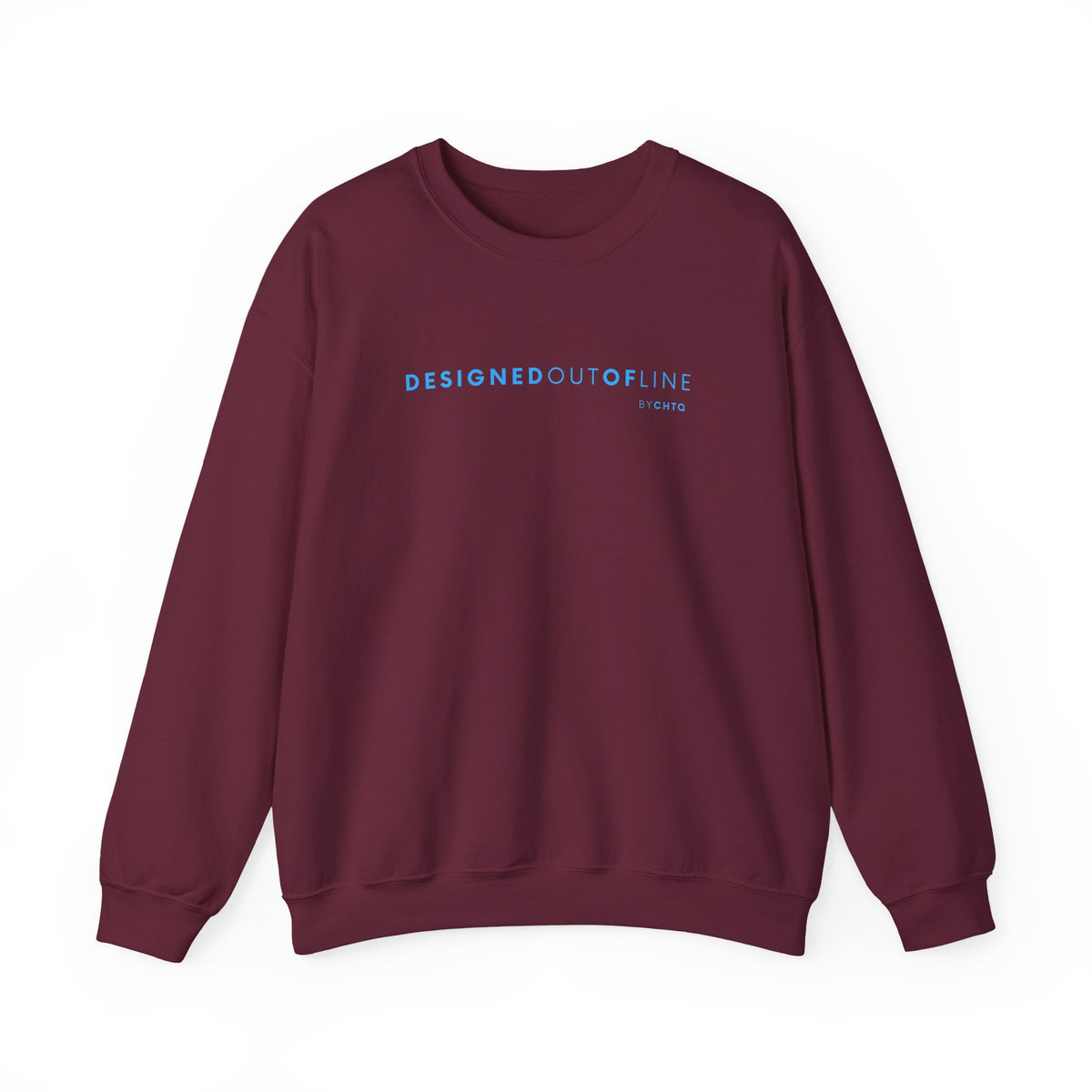 An maroon crewneck sweatshirt featuring blue “DESIGNED OUT OF LINE” text across the chest, displayed against a clean white background.