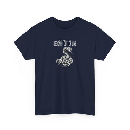 Navy blue UNSNAKEBLY Designed Out of Line graphic T-shirt featuring a contrasting snake illustration and CHTQ Design typography.
