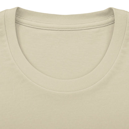 Close-up of UNSPIDERABLY Designed Out of Line cream graphic T-shirt featuring detailed black spider illustration and minimalist typography by CHTQ Design, front view