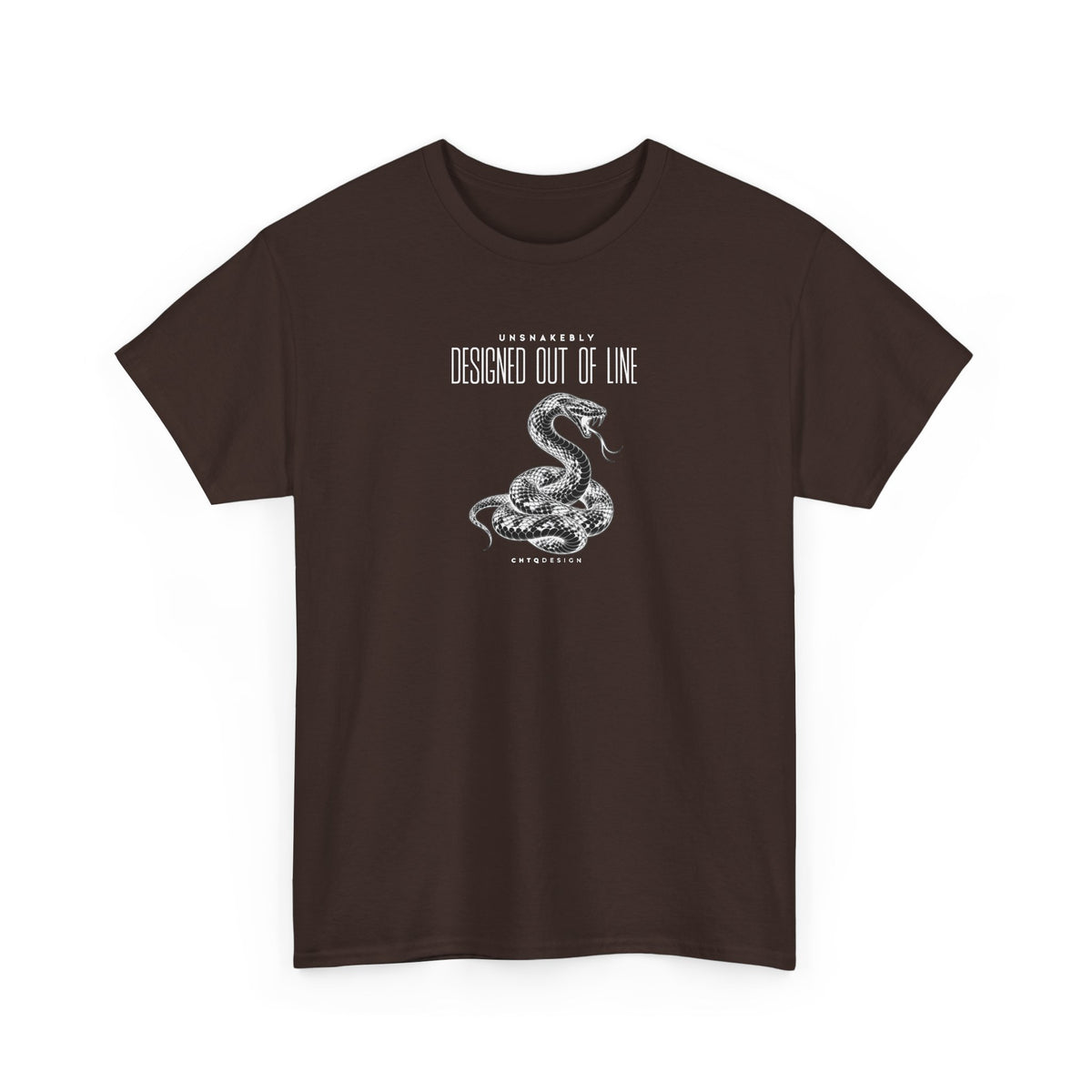 Chocolate brown UNSNAKEBLY Designed Out of Line graphic T-shirt featuring a contrasting snake illustration and CHTQ Design typography.