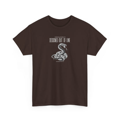 Chocolate brown UNSNAKEBLY Designed Out of Line graphic T-shirt featuring a contrasting snake illustration and CHTQ Design typography.