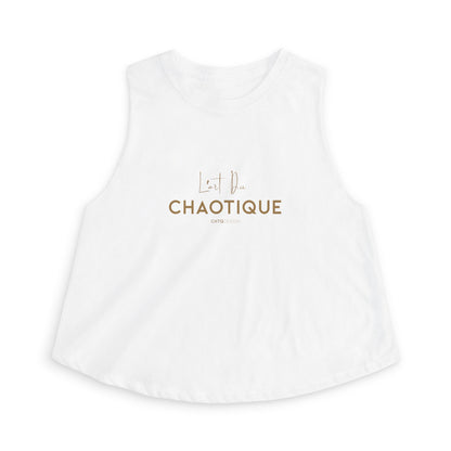 A white sleeveless muscle tank top with a gold graphic print on the front reading 'L'Art du CHAOTIQUE', displayed on a clean white background.
