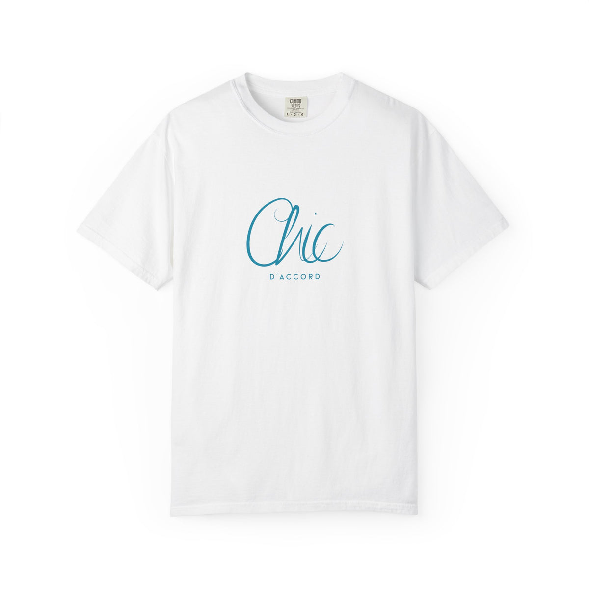 A white blue short-sleeve T-shirt featuring a turquoise “Chic D’Accord” graphic on the chest, displayed against a clean white background.