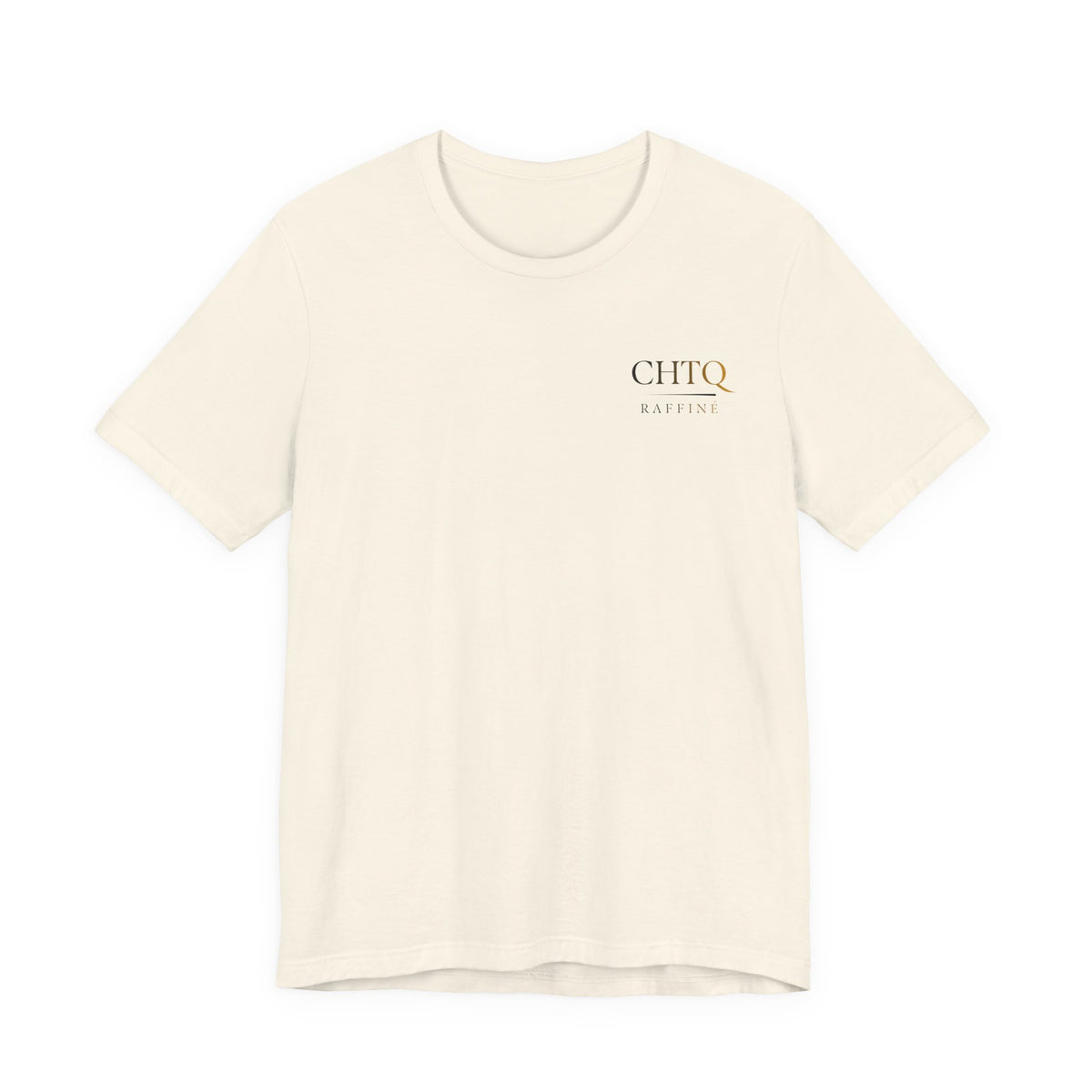 Light beige t-shirt with a small CHTQ Raffine text on chest, on a white background