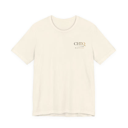 Light beige t-shirt with a small CHTQ Raffine text on chest, on a white background