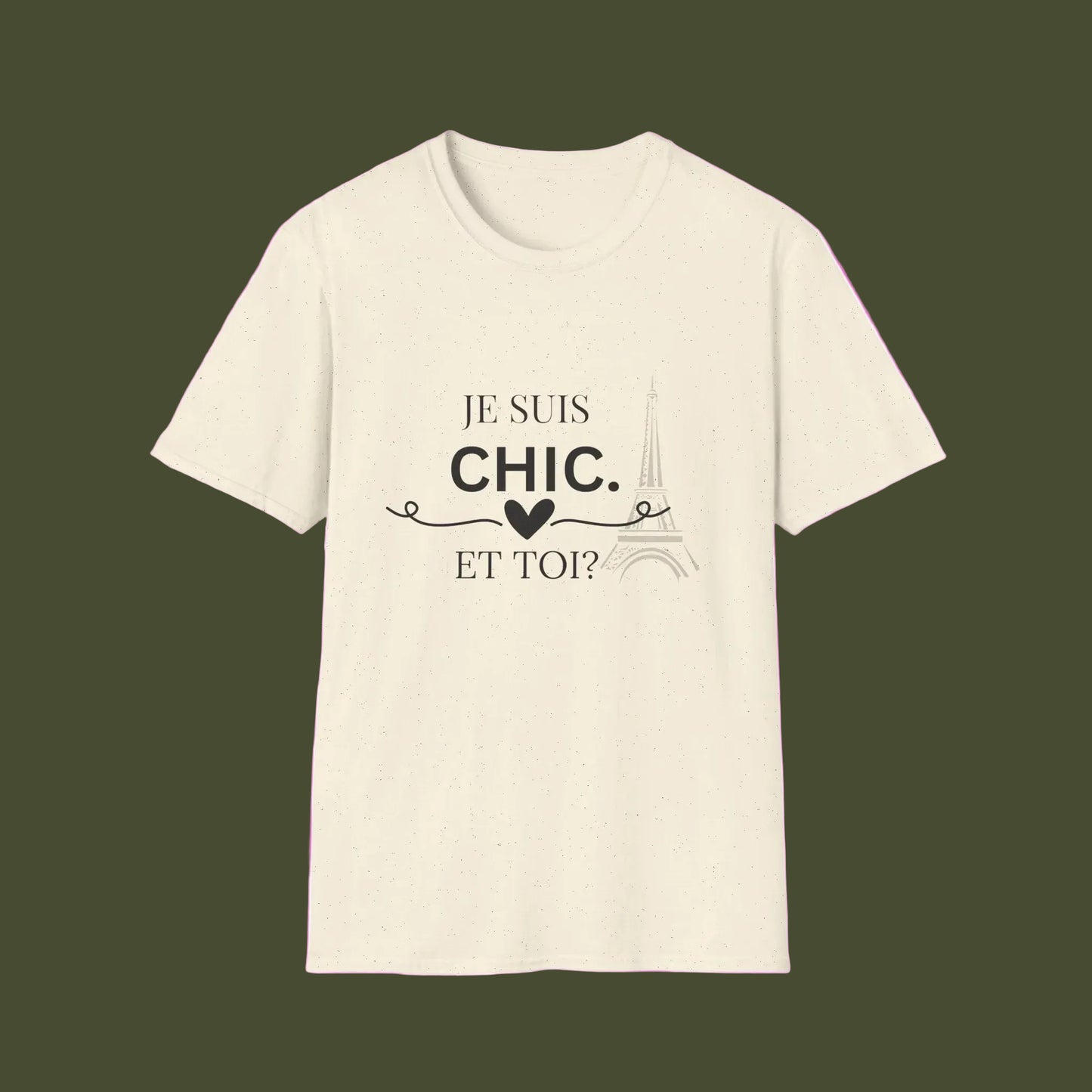 Beige or natural t-shirt with black text and heart design on a white background