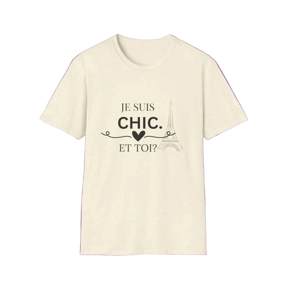 Beige or natural graphic T-shirt featuring the text “Je Suis Chic. Et Toi?” with a heart and Eiffel Tower design, displayed against a white background.
