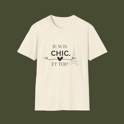 Beige or natural t-shirt with black text and heart design on a white background