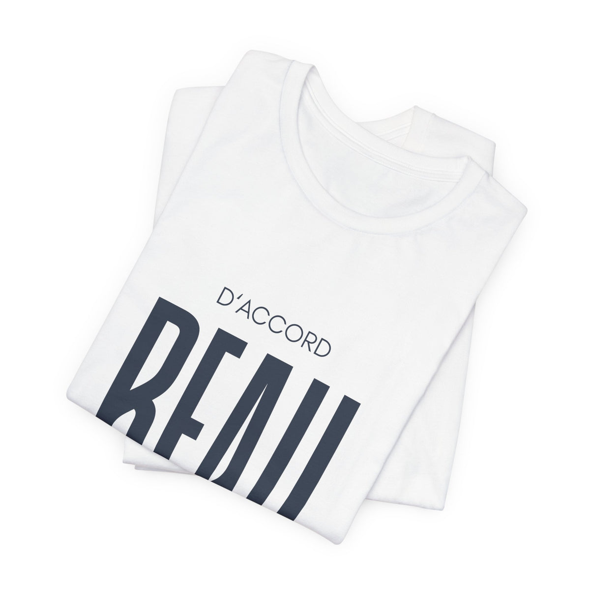 Folded D’ACCORD BEAU Graphic T-Shirt by CHTQ Design in white featuring oversized dark navy BEAU lettering, D’ACCORD text and CHTQ Design signature.