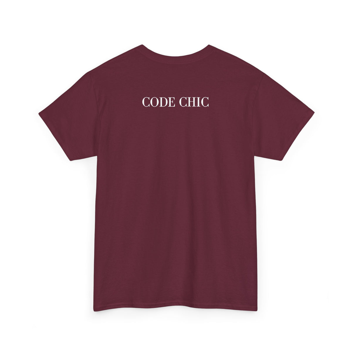 Backview of a maroon short-sleeve crewneck T-shirt featuring 'Code Chic text' and “MGNFQ” printed vertically in white letters on the right side of the front, displayed against a plain white background. 
