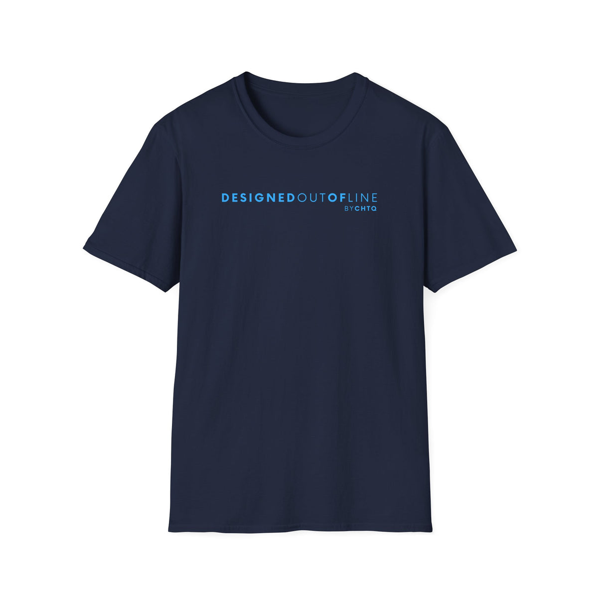 A navy blue short-sleeve crewneck T-shirt with “DESIGNED OUT OF LINE” and “BY CHTQ” printed in blue across the chest, displayed on a clean white background.