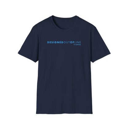 A navy blue short-sleeve crewneck T-shirt with “DESIGNED OUT OF LINE” and “BY CHTQ” printed in blue across the chest, displayed on a clean white background.