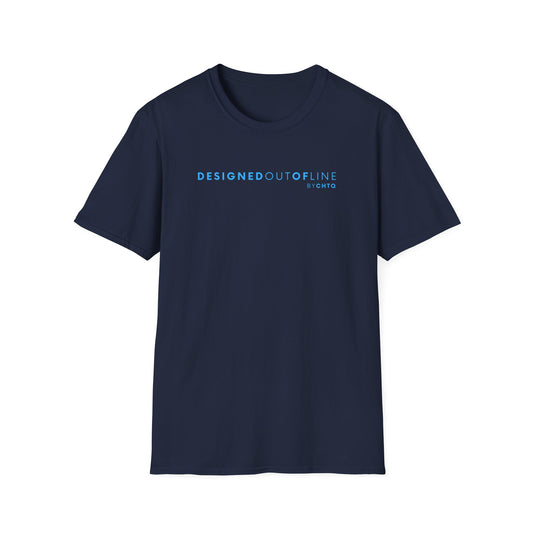 A navy blue short-sleeve crewneck T-shirt with “DESIGNED OUT OF LINE” and “BY CHTQ” printed in blue across the chest, displayed on a clean white background.