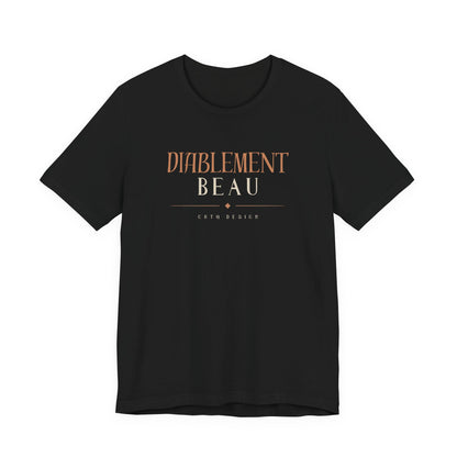 A black short-sleeve crewneck t-shirt with a graphic on the chest reading 'DIABLEMENT BEAU' in a warm brown/bronze color, with 'CHEN DESIGN' printed below in smaller text, shown on a plain white background.