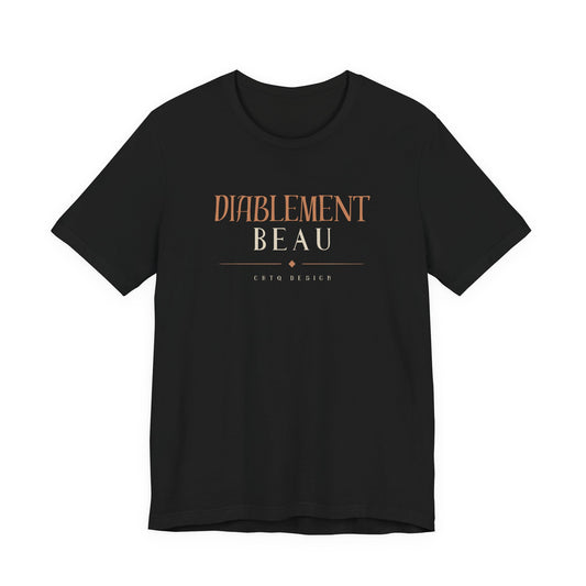 A black short-sleeve crewneck t-shirt with a graphic on the chest reading 'DIABLEMENT BEAU' in a warm brown/bronze color, with 'CHEN DESIGN' printed below in smaller text, shown on a plain white background.
