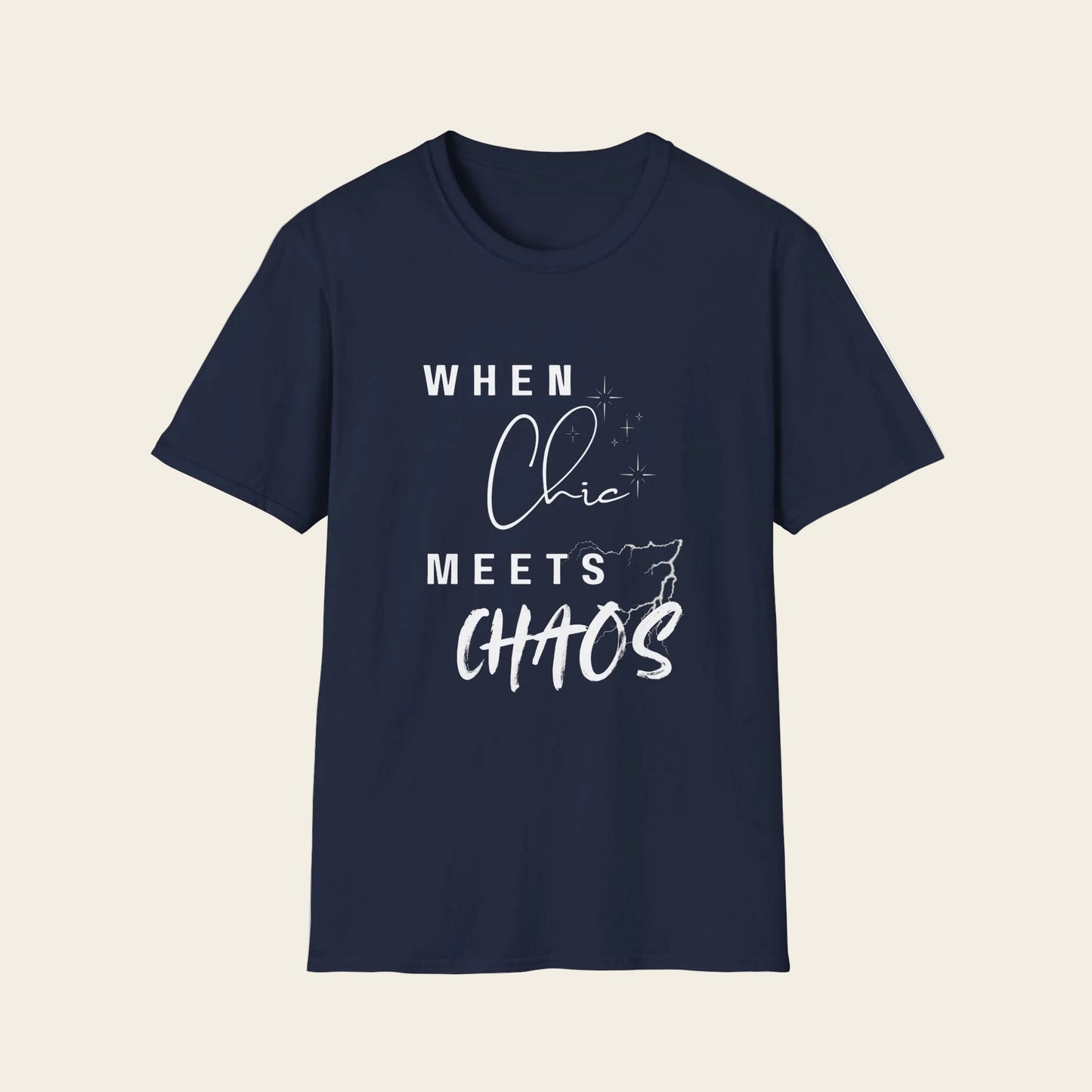 A Navy Blue short-sleeve crewneck t-shirt with a white graphic text print that reads 'WHEN Chic MEETS CHAOS' on background.