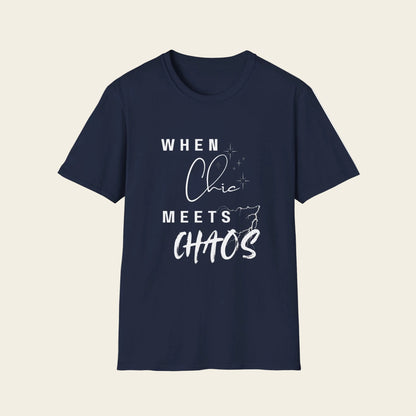 A Navy Blue short-sleeve crewneck t-shirt with a white graphic text print that reads 'WHEN Chic MEETS CHAOS' on background.