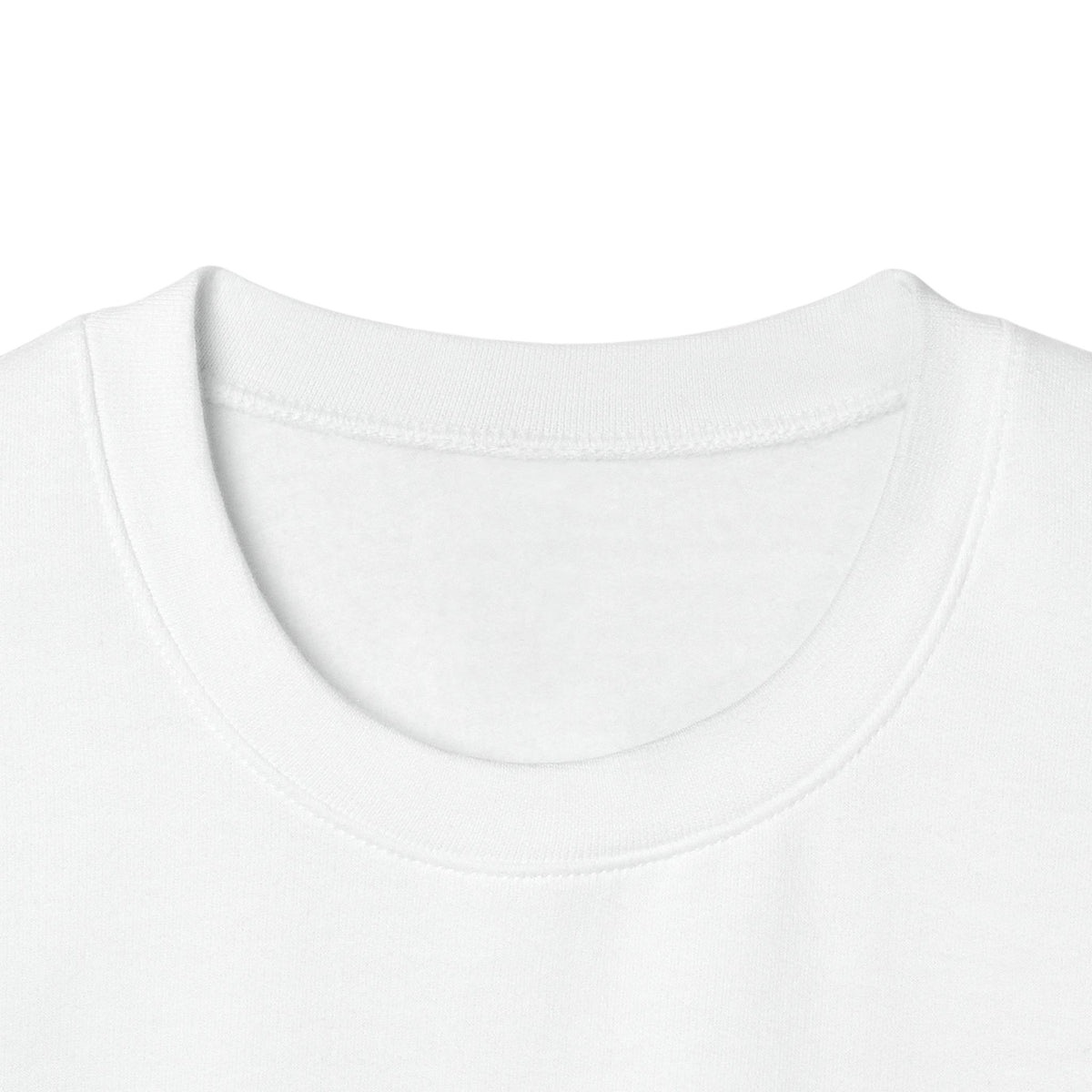 Close-up of a white White AUTHENTICHAOS graphic sweatshirt with pink BY CHTQ typography, front view crew-neck showing the ribbed collar and upper chest area against a plain white background.