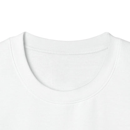 Close-up of a white White AUTHENTICHAOS graphic sweatshirt with pink BY CHTQ typography, front view crew-neck showing the ribbed collar and upper chest area against a plain white background.