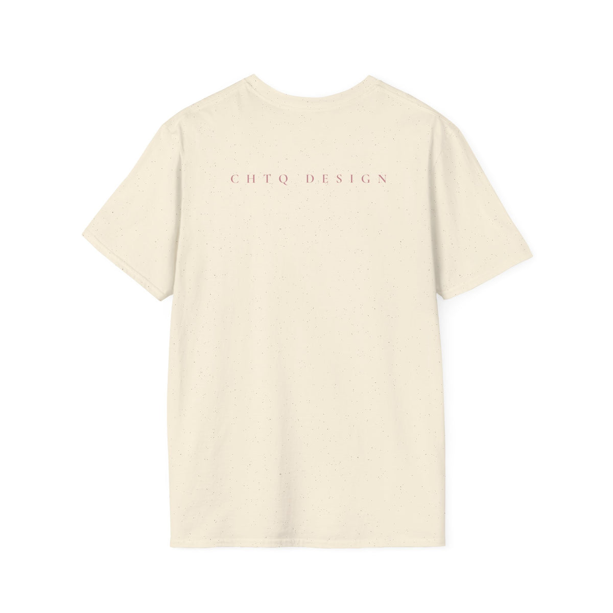 A cream colored crewneck T-shirt from back with pink “CHTQ DESIGN” and “MORE THAN A SHIRT, IT’S A MOVEMENT” text on the front, paired with black pants against a plain white background.