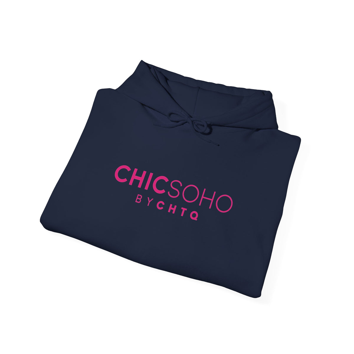 Navy blue pullover hoodie with a pink CHICSOHO BY CHTQ logo printed on the chest, displayed on a clean white background.